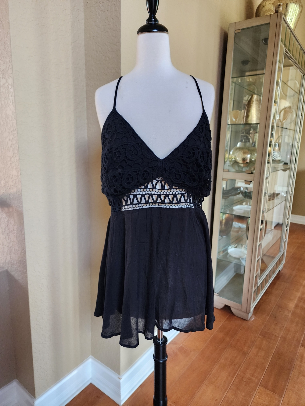 Zenobia Black Crochet-Trim Spaghetti Strap Cami